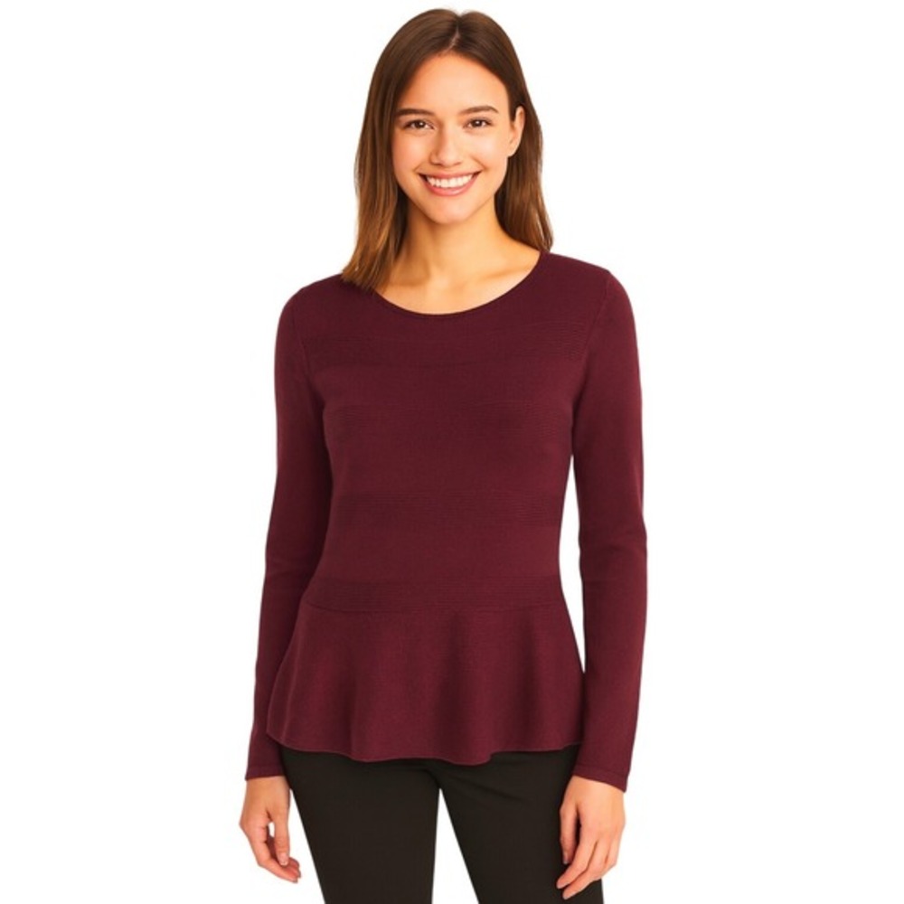 LOFT Burgundy Peplum Sweater Knit Top Long Sleeve Crew Neck Ribbed 91-03